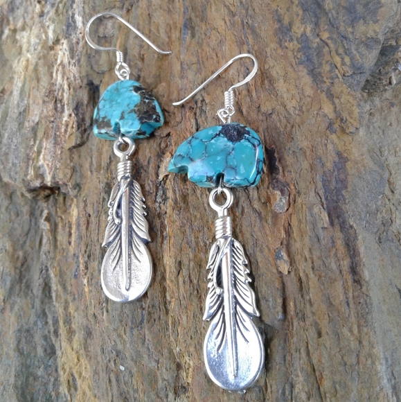 Sterling Silver Turquoise Bear Feather Earrings - Picture 2 of 7